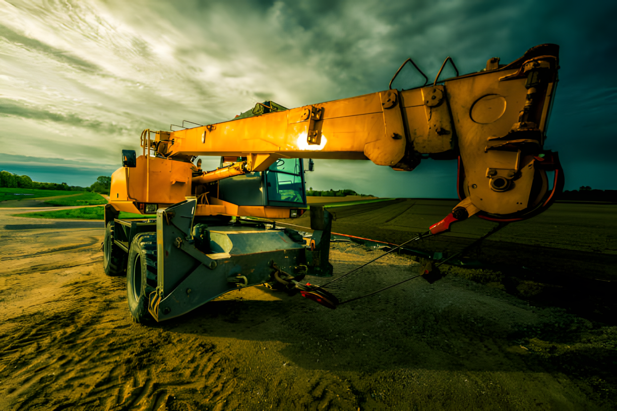 Yellow rough terrain crane parked on an uneven dirt site, designed for off-road lifting in challenging environments.