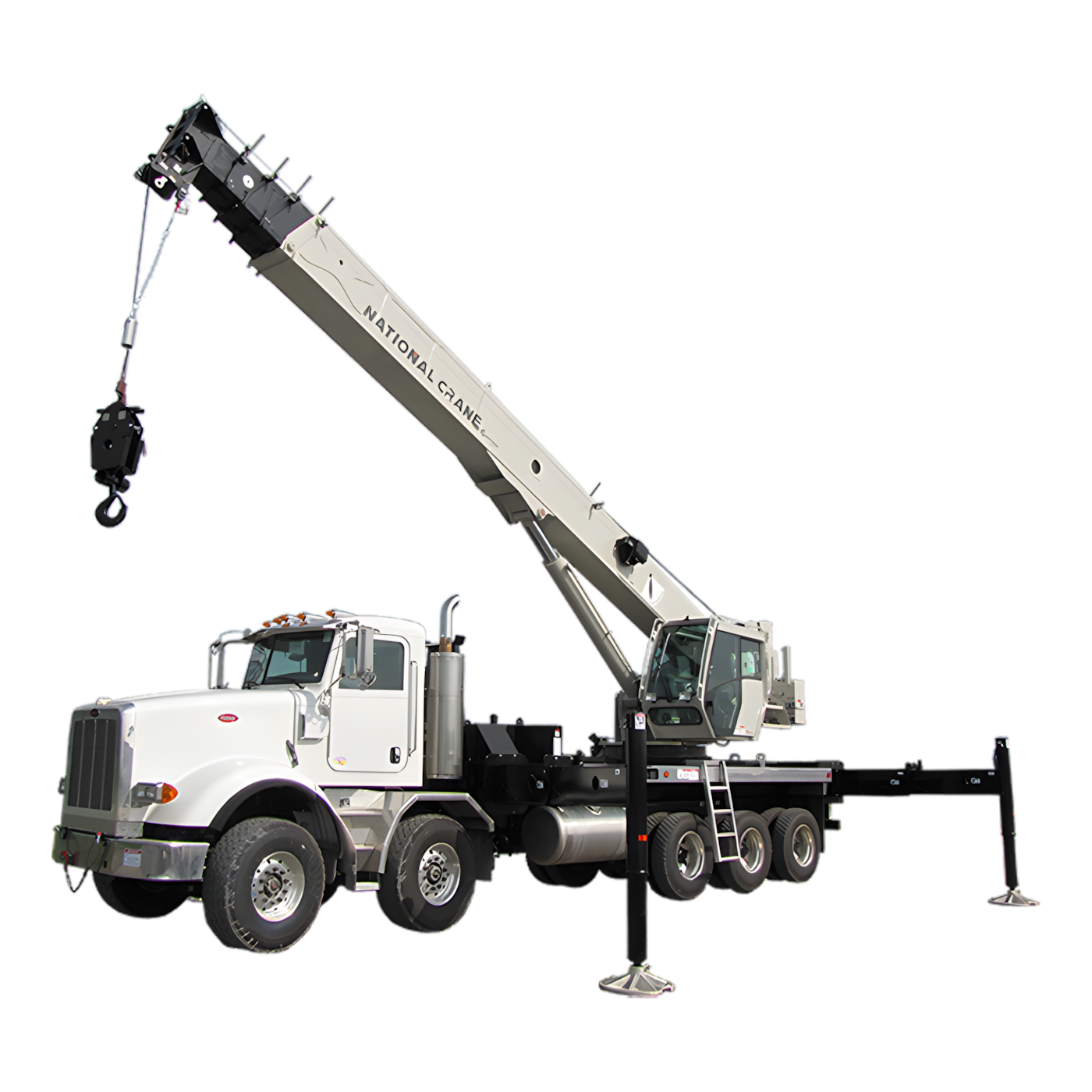 White boom truck with an extended telescopic boom and stabilizing outriggers, designed for heavy lifting applications.
