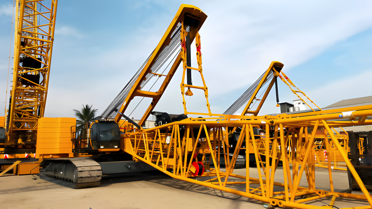 Large yellow crawler crane at a construction site, used for heavy lifting and industrial operations. This crane is supported by tracked undercarriage for stability and mobility.